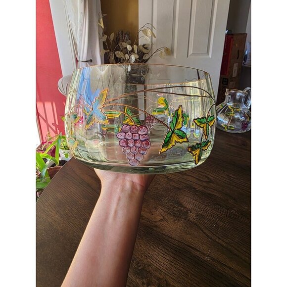 Hand-Painted Clear Glass Bowl With Grapes & Leaves Design - Picture 16 of 16
